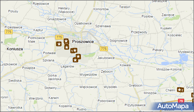 mapa Jakubowice gmina Proszowice, Jakubowice gmina Proszowice na mapie Targeo