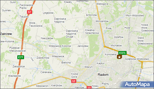 mapa Janiszew gmina Zakrzew, Janiszew gmina Zakrzew na mapie Targeo