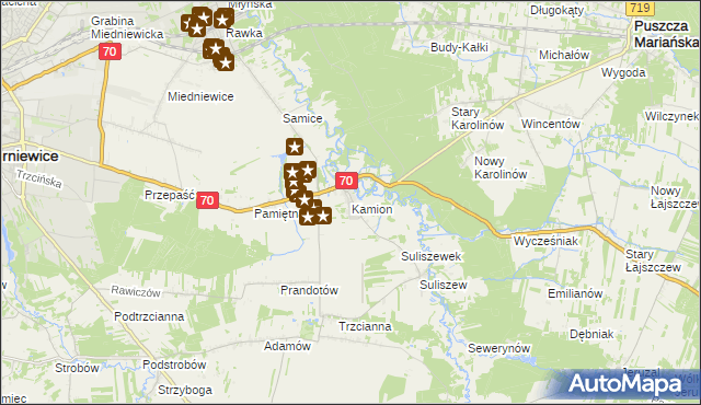 mapa Kamion gmina Puszcza Mariańska, Kamion gmina Puszcza Mariańska na mapie Targeo