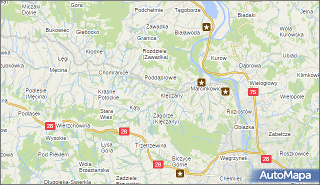 mapa Klęczany gmina Chełmiec, Klęczany gmina Chełmiec na mapie Targeo