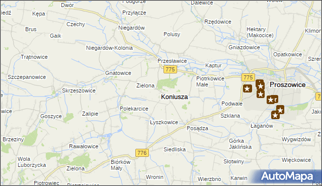 mapa Koniusza powiat proszowicki, Koniusza powiat proszowicki na mapie Targeo