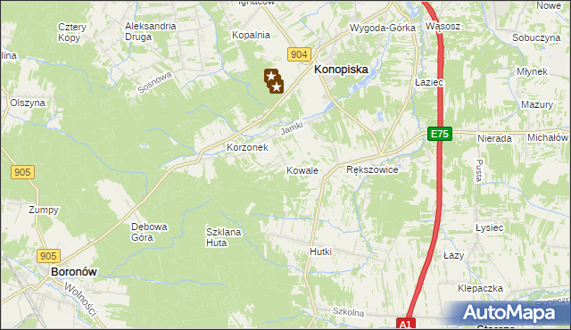 mapa Kowale gmina Konopiska, Kowale gmina Konopiska na mapie Targeo