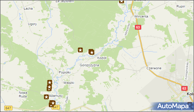 mapa Kozioł gmina Kolno, Kozioł gmina Kolno na mapie Targeo