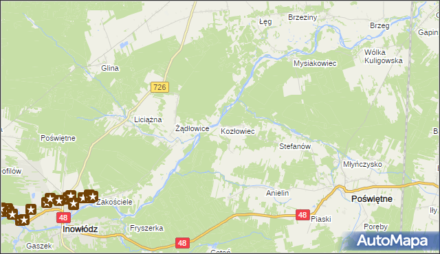 mapa Kozłowiec gmina Poświętne, Kozłowiec gmina Poświętne na mapie Targeo