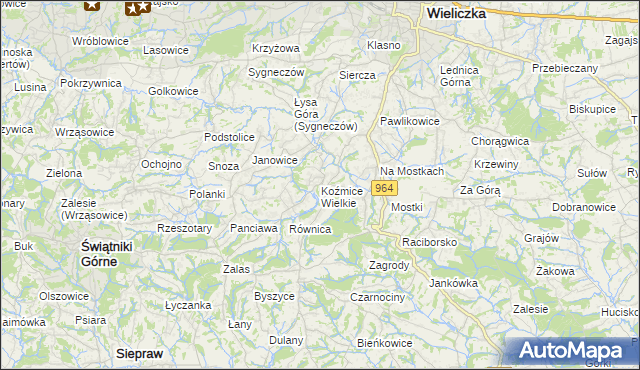 mapa Koźmice Wielkie, Koźmice Wielkie na mapie Targeo