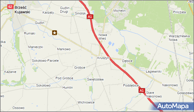 mapa Kruszyn gmina Włocławek, Kruszyn gmina Włocławek na mapie Targeo