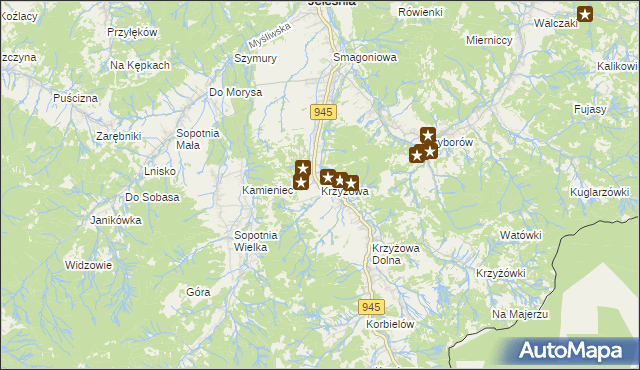 mapa Krzyżowa gmina Jeleśnia, Krzyżowa gmina Jeleśnia na mapie Targeo