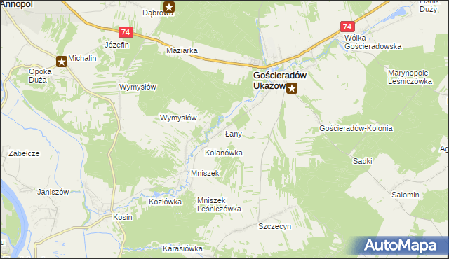 mapa Łany gmina Gościeradów, Łany gmina Gościeradów na mapie Targeo