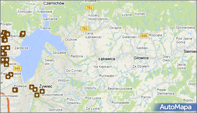 mapa Łękawica powiat żywiecki, Łękawica powiat żywiecki na mapie Targeo
