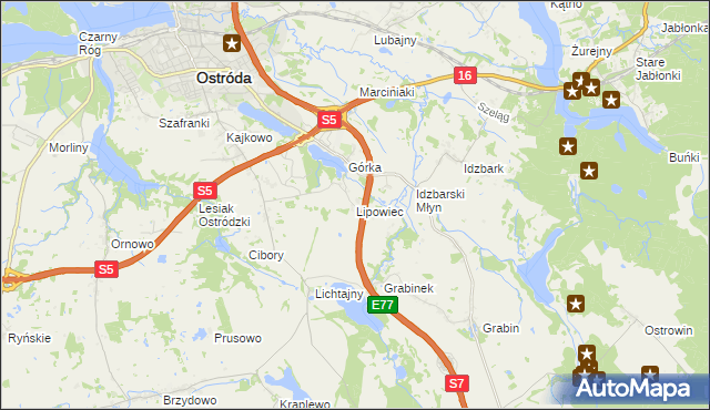 mapa Lipowiec gmina Ostróda, Lipowiec gmina Ostróda na mapie Targeo