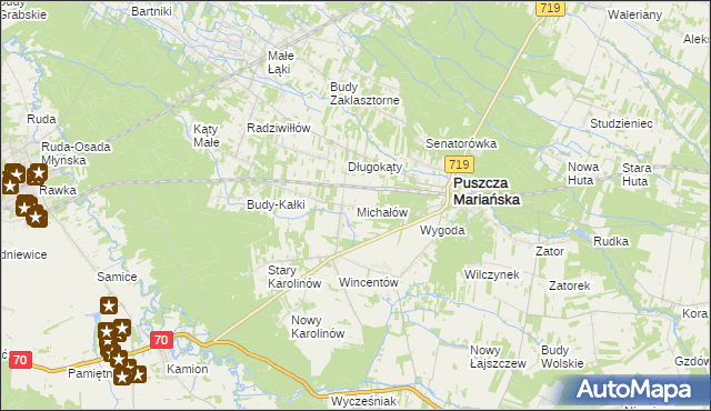 mapa Michałów gmina Puszcza Mariańska, Michałów gmina Puszcza Mariańska na mapie Targeo