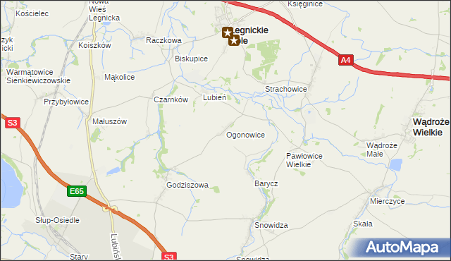 mapa Ogonowice gmina Legnickie Pole, Ogonowice gmina Legnickie Pole na mapie Targeo