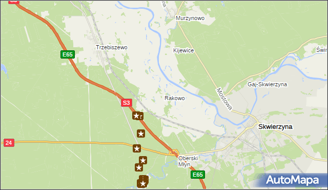 mapa Rakowo gmina Skwierzyna, Rakowo gmina Skwierzyna na mapie Targeo