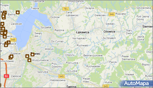 mapa Rychwałd gmina Gilowice, Rychwałd gmina Gilowice na mapie Targeo