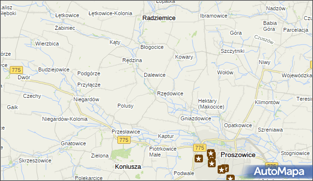 mapa Rzędowice gmina Koniusza, Rzędowice gmina Koniusza na mapie Targeo