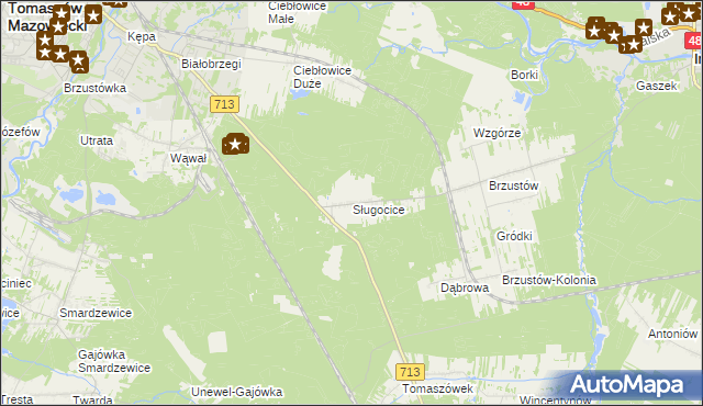 mapa Sługocice gmina Tomaszów Mazowiecki, Sługocice gmina Tomaszów Mazowiecki na mapie Targeo