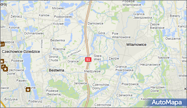 mapa Stara Wieś gmina Wilamowice, Stara Wieś gmina Wilamowice na mapie Targeo