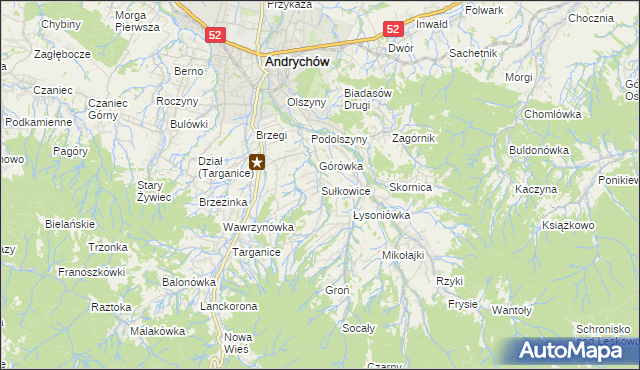 mapa Sułkowice gmina Andrychów, Sułkowice gmina Andrychów na mapie Targeo