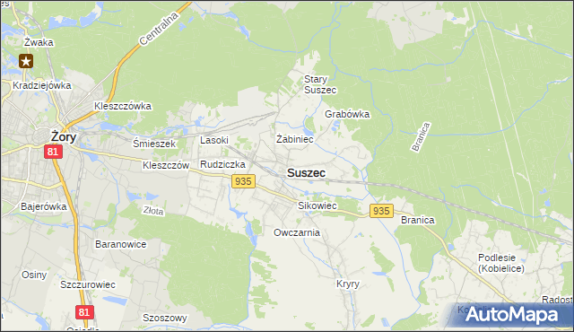 mapa Suszec powiat pszczyński, Suszec powiat pszczyński na mapie Targeo