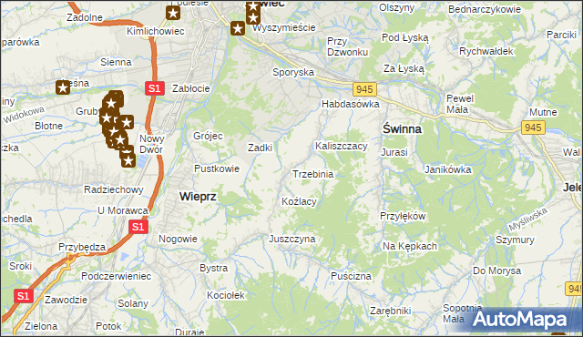 mapa Trzebinia gmina Świnna, Trzebinia gmina Świnna na mapie Targeo