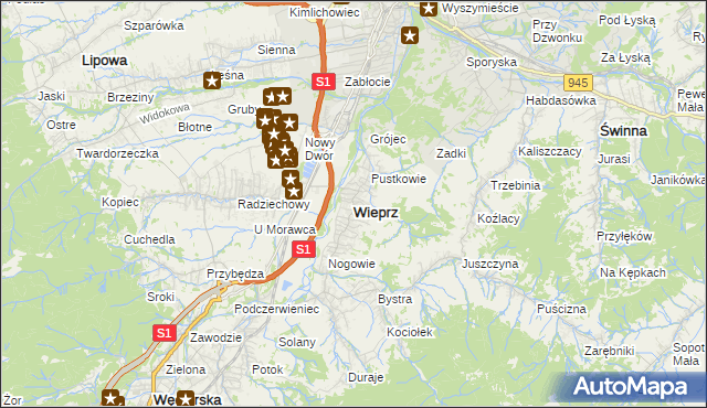 mapa Wieprz gmina Radziechowy-Wieprz, Wieprz gmina Radziechowy-Wieprz na mapie Targeo