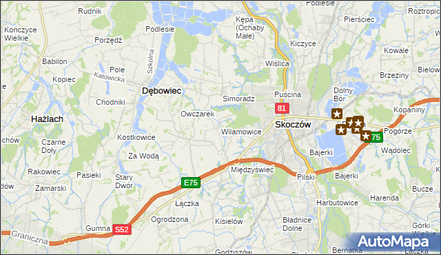 mapa Wilamowice gmina Skoczów, Wilamowice gmina Skoczów na mapie Targeo