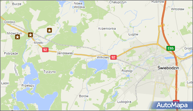 mapa Wilkowo gmina Świebodzin, Wilkowo gmina Świebodzin na mapie Targeo