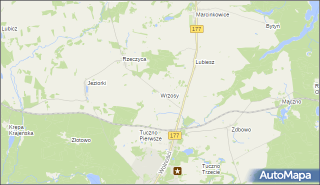 mapa Wrzosy gmina Tuczno, Wrzosy gmina Tuczno na mapie Targeo