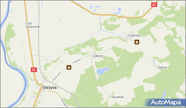 mapa Żabice gmina Górzyca, Żabice gmina Górzyca na mapie Targeo
