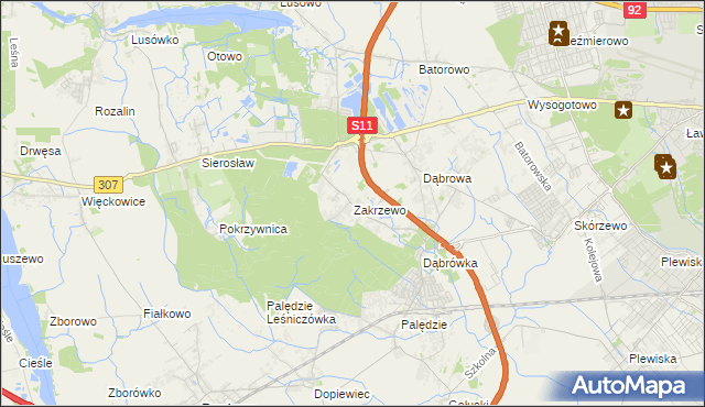 mapa Zakrzewo gmina Dopiewo, Zakrzewo gmina Dopiewo na mapie Targeo