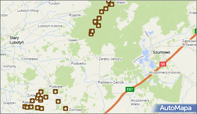 mapa Zaręby-Jartuzy, Zaręby-Jartuzy na mapie Targeo