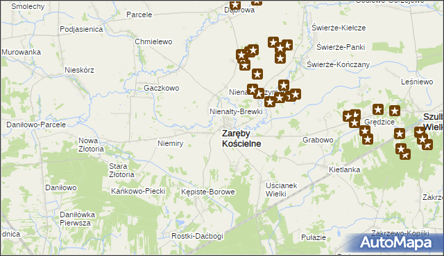 mapa Zaręby Kościelne, Zaręby Kościelne na mapie Targeo