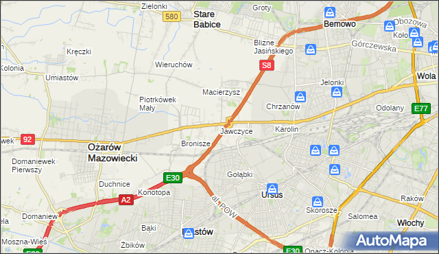 mapa Jawczyce gmina Ożarów Mazowiecki, Jawczyce gmina Ożarów Mazowiecki na mapie Targeo