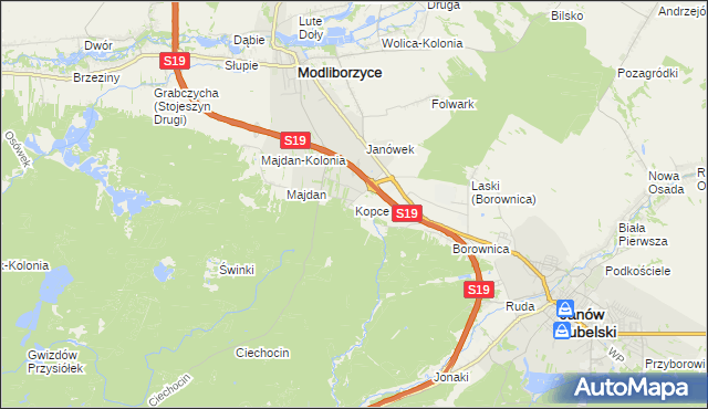 mapa Kopce gmina Janów Lubelski, Kopce gmina Janów Lubelski na mapie Targeo