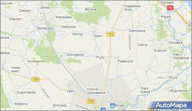 mapa Prusy gmina Warka, Prusy gmina Warka na mapie Targeo