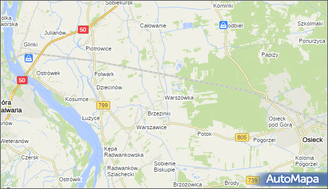 mapa Warszówka gmina Sobienie-Jeziory, Warszówka gmina Sobienie-Jeziory na mapie Targeo