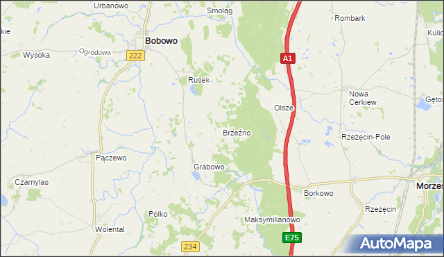 mapa Brzeźno gmina Morzeszczyn, Brzeźno gmina Morzeszczyn na mapie Targeo