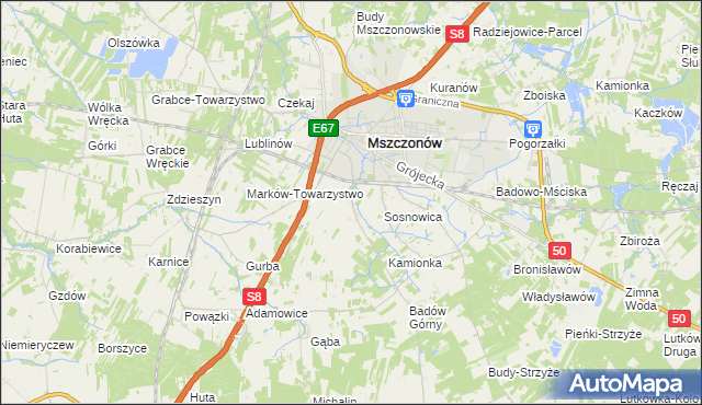 mapa Wymysłów gmina Mszczonów, Wymysłów gmina Mszczonów na mapie Targeo
