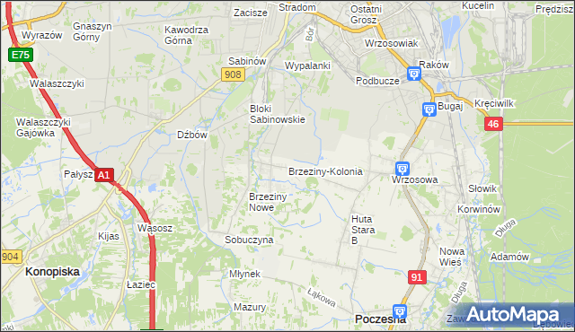 mapa Brzeziny-Kolonia, Brzeziny-Kolonia na mapie Targeo