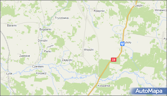 mapa Wojszki gmina Juchnowiec Kościelny, Wojszki gmina Juchnowiec Kościelny na mapie Targeo
