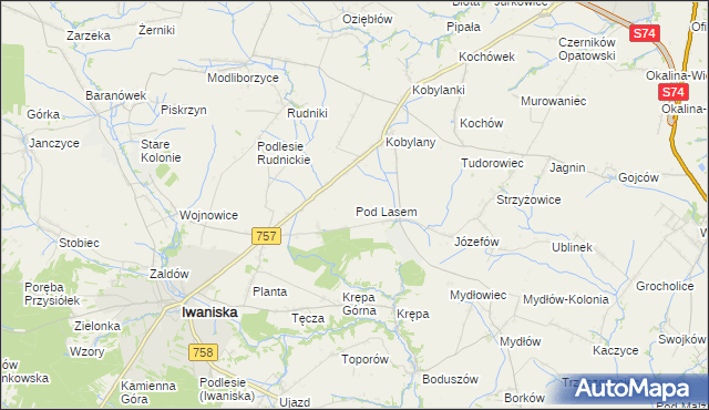 mapa Pod Lasem gmina Opatów, Pod Lasem gmina Opatów na mapie Targeo