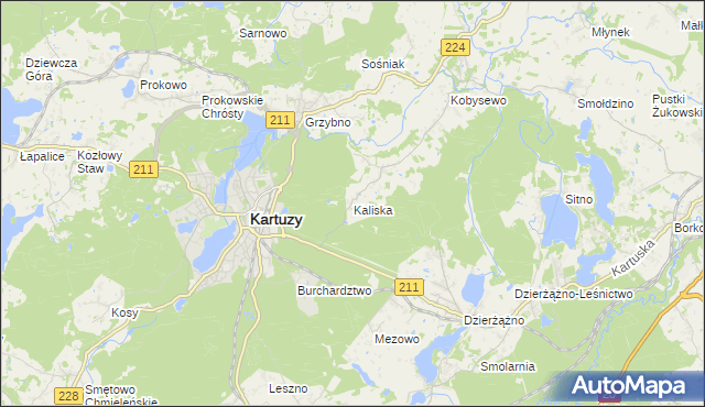 mapa Kaliska gmina Kartuzy, Kaliska gmina Kartuzy na mapie Targeo