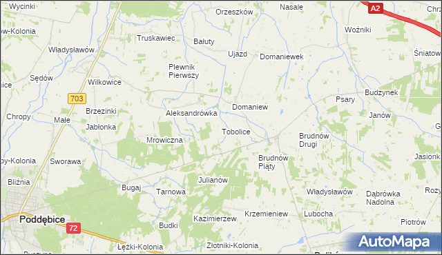 mapa Tobolice gmina Dalików, Tobolice gmina Dalików na mapie Targeo