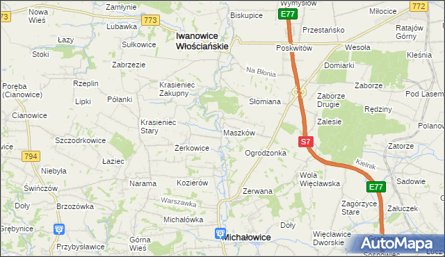 mapa Maszków gmina Iwanowice, Maszków gmina Iwanowice na mapie Targeo