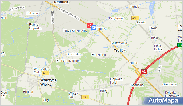 mapa Pierzchno gmina Wręczyca Wielka, Pierzchno gmina Wręczyca Wielka na mapie Targeo