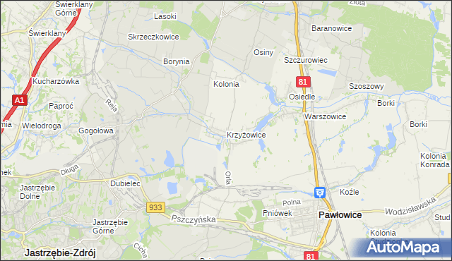 mapa Krzyżowice gmina Pawłowice, Krzyżowice gmina Pawłowice na mapie Targeo