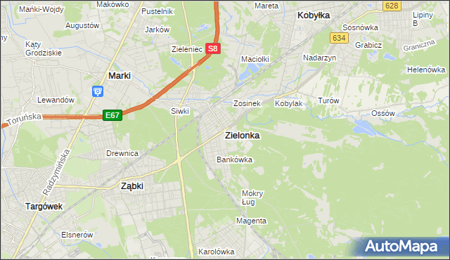 mapa Zielonka powiat wołomiński, Zielonka powiat wołomiński na mapie Targeo
