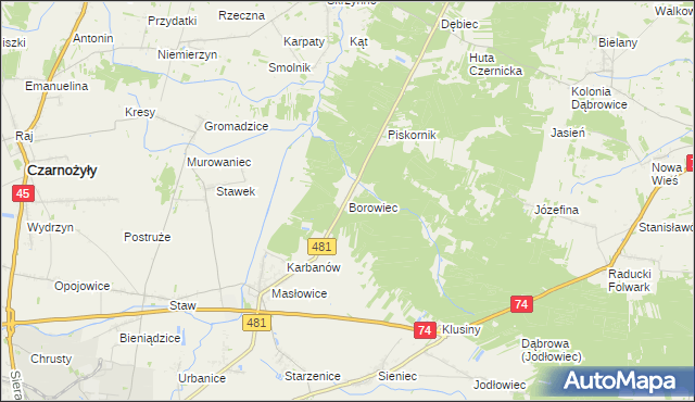 mapa Borowiec gmina Wieluń, Borowiec gmina Wieluń na mapie Targeo