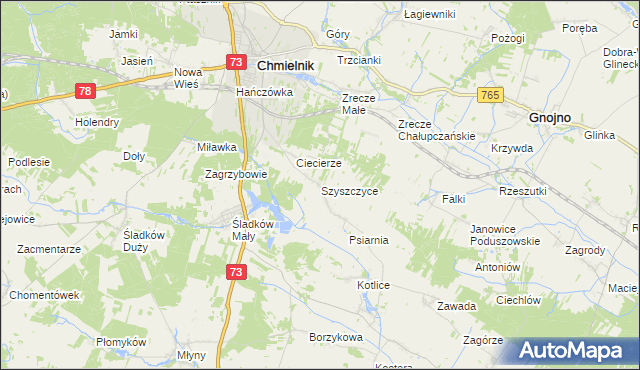 mapa Szyszczyce gmina Chmielnik, Szyszczyce gmina Chmielnik na mapie Targeo