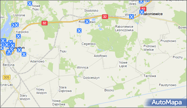 mapa Adolfowo gmina Rakoniewice, Adolfowo gmina Rakoniewice na mapie Targeo